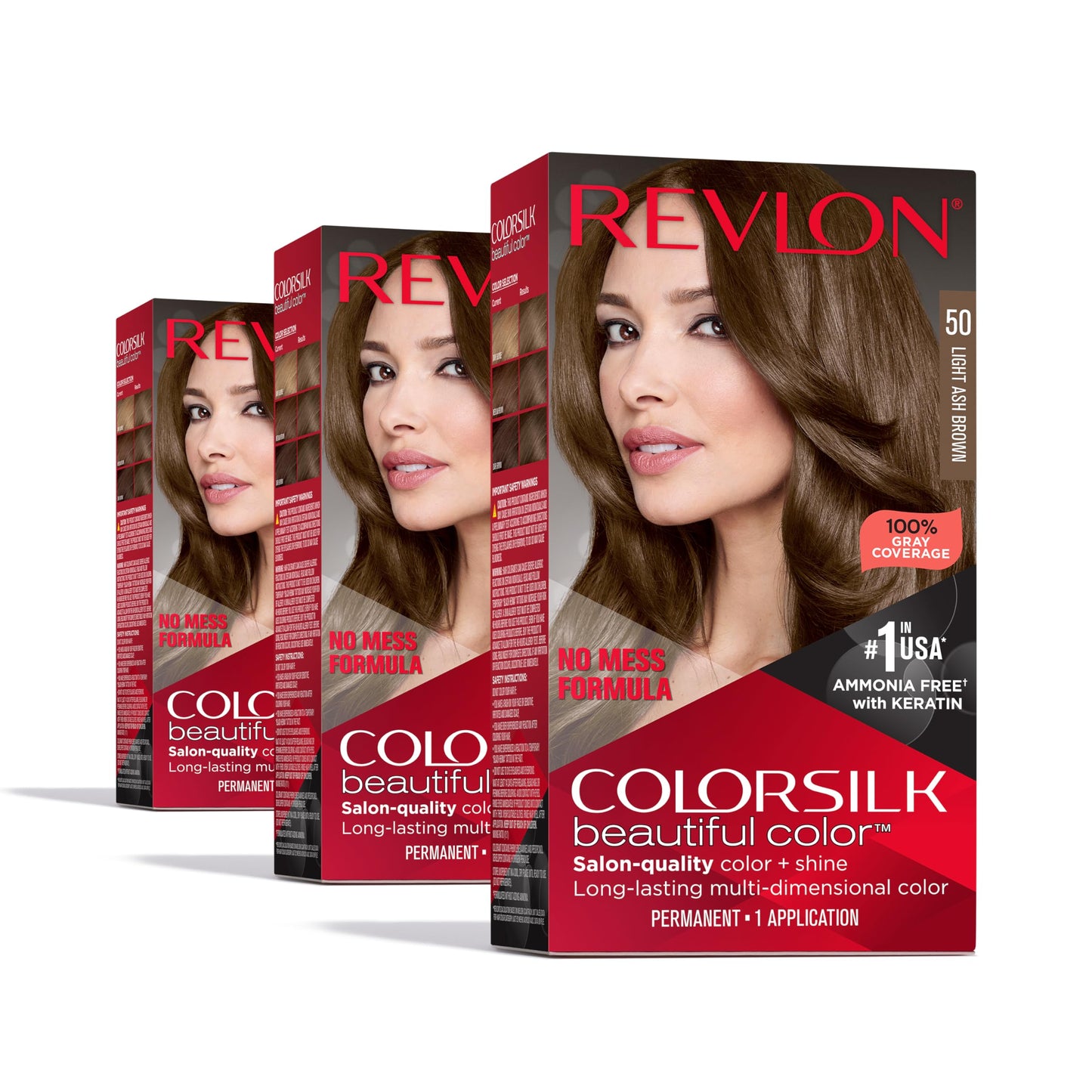 Revlon Colorsilk Beautiful Color Permanent Hair Color, (OLD VERSION) 50 Light Ash Brown (Pack of 3)