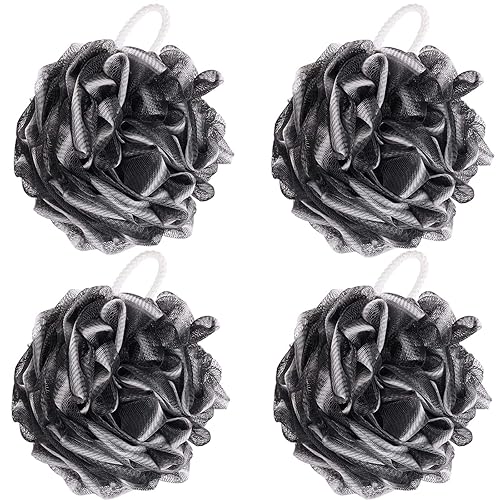 BTYMS 4 Pieces Loofah Sponge Shower Puff Exfoliating Bath Sponge 60g Mesh Pouf Bath Loofahs Black Shower Scrunchies for Bathing