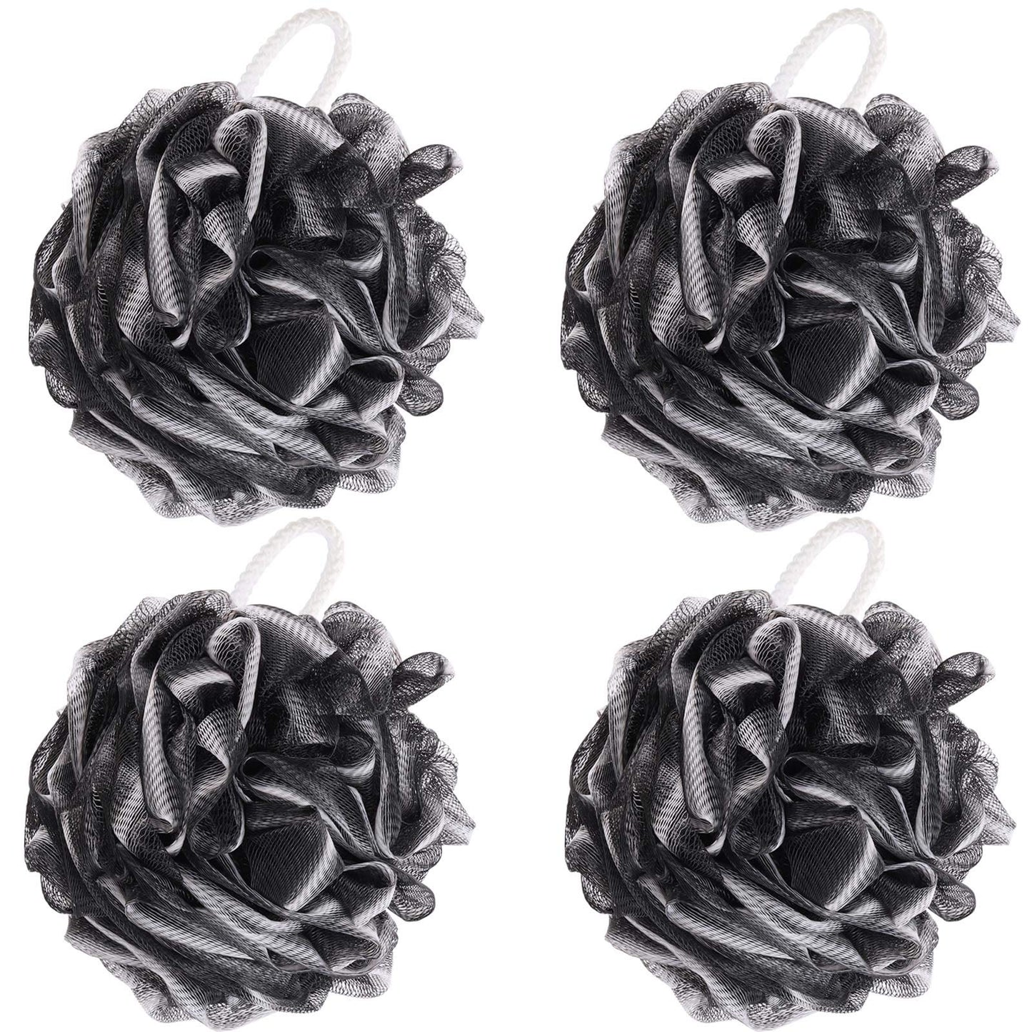 BTYMS 4 Pieces Loofah Sponge Shower Puff Exfoliating Bath Sponge 60g Mesh Pouf Bath Loofahs Black Shower Scrunchies for Bathing