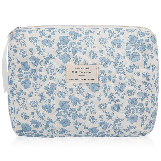 Floral Makeup Bag – Large Quilted Cosmetic Pouch for Women & Girls, Cute Cotton Travel Toiletry Organizer, Blue Flower Design