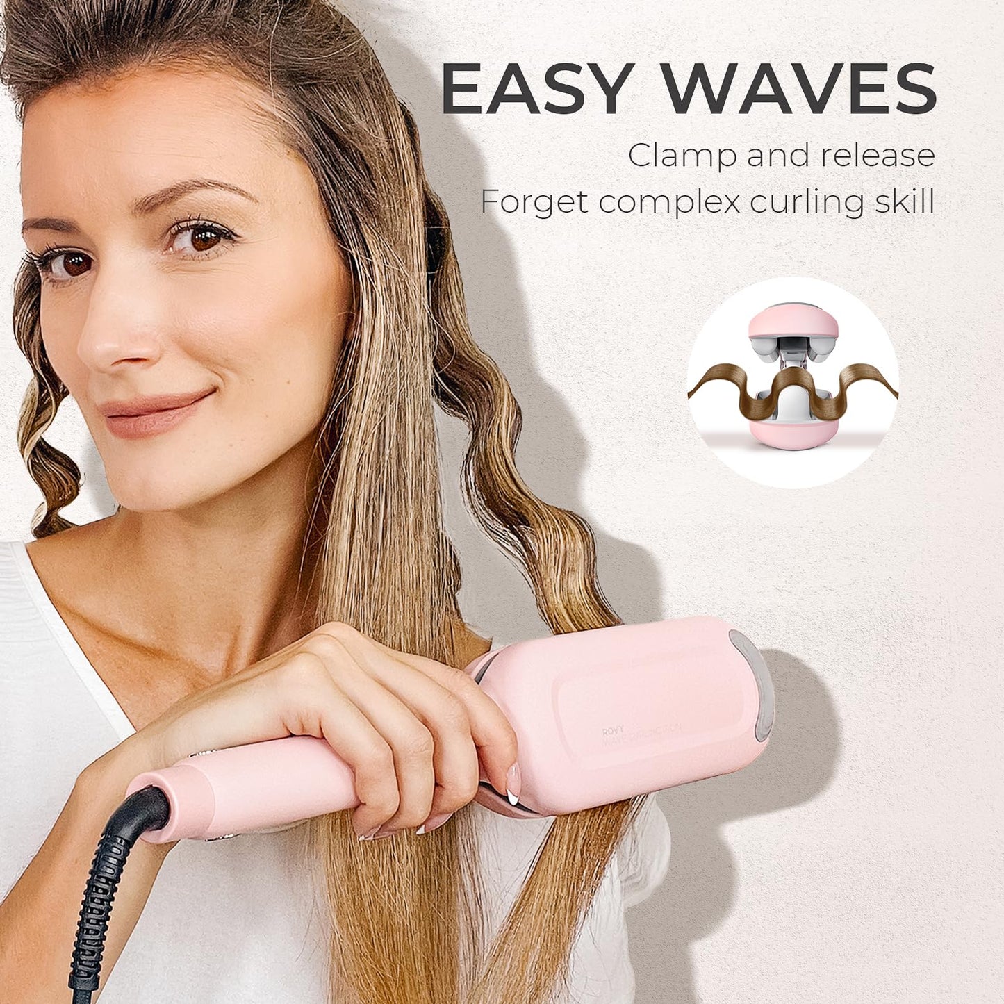 TYMO ROVY Hair Crimper & Curling Iron – 1.25" Ceramic 3 Barrel Deep Waver for Beach Waves, Ionic Curling Wand with Dual Voltage, Anti-Scald, Pink