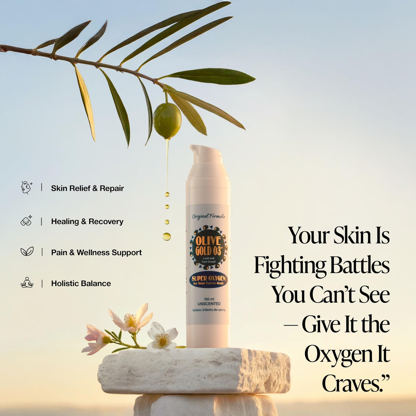 Olive Gold O3 Skin Care Lotion - Ozonated Olive Oil Moisturizer for Face & Body, Natural Hydration & Anti-Aging Support (4oz)