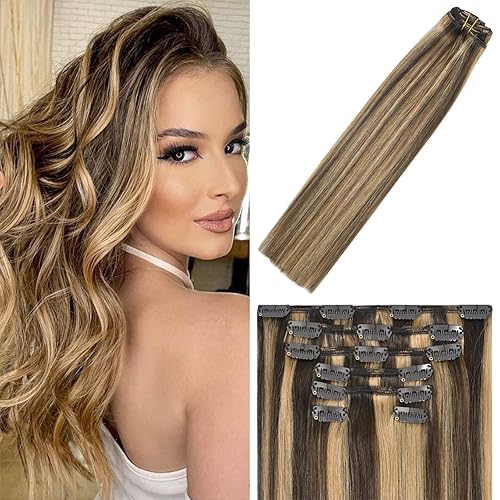 WindTouch Clip In Hair Extensions Human Hair Chocolate Brown to Dark Blonde Balayage Remy Hair 18Inch 75g #4p27 7PCS