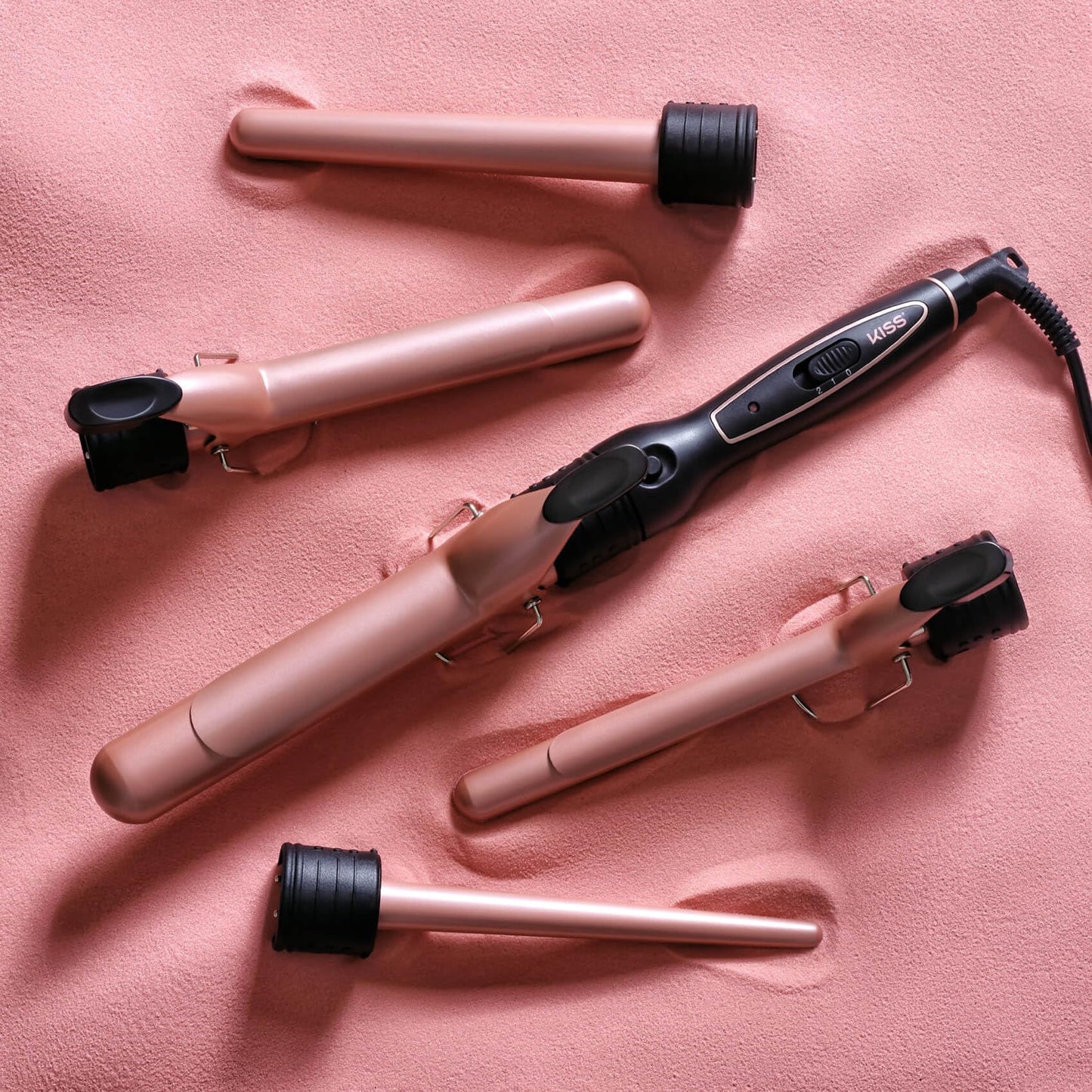 KISS 5-in-1 Curling Iron, Interchangeable Tourmaline Ceramic Curling Wand Set with 3 Styling Clips & 2 Wands, 2 Heat Settings, Heat Resistant Glove