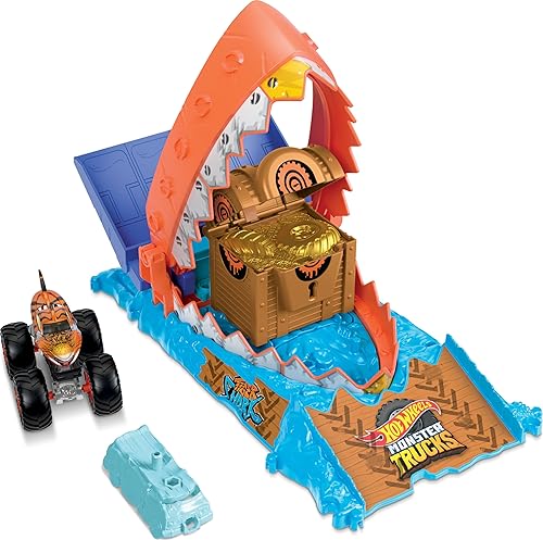 Hot Wheels Monster Trucks Arena Smashers Treasure Chomp Challenge Playset with 1:64 Scale Tiger Shark Toy Monster Truck & 1 Crushed Car
