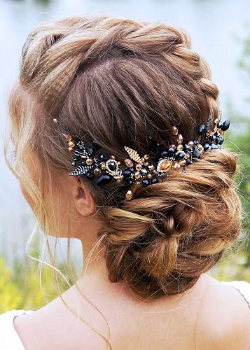 Kercisbeauty Wedding Bridal Black Hair Comb Champagne Beads Long Chain Hair Piece Bridal Headband for Bun Hair Accessories for Women
