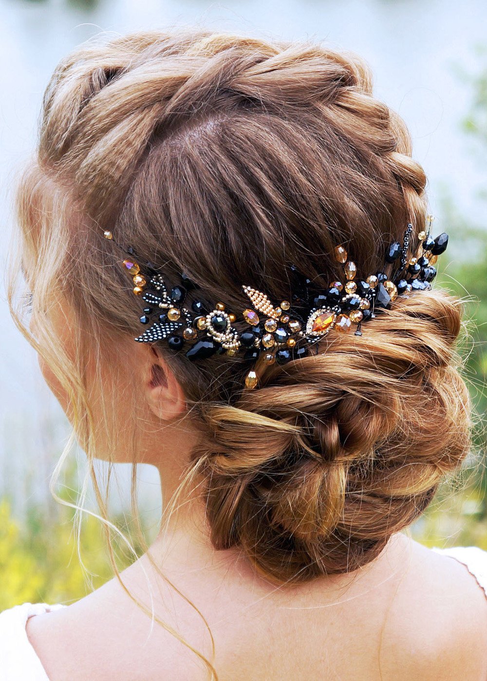 Kercisbeauty Wedding Bridal Black Hair Comb Champagne Beads Long Chain Hair Piece Bridal Headband for Bun Hair Accessories for Women