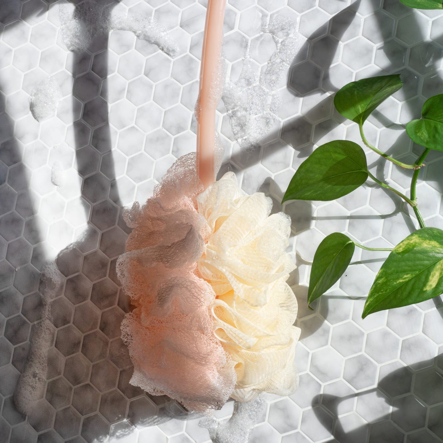 EcoTools 2-in-1 EcoPouf Bath Brush, Loofah Brush for Bath & Shower, with Long Handle & Recycled Netting for Cleansing & Exfoliating, Back Brush