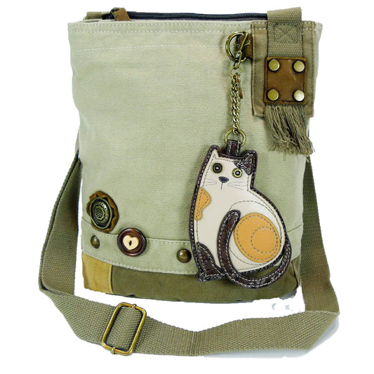 CHALA Patch Cross-Body Women Handbag, Sand Color Canvas Messenger Bag (Lazzy Cat)