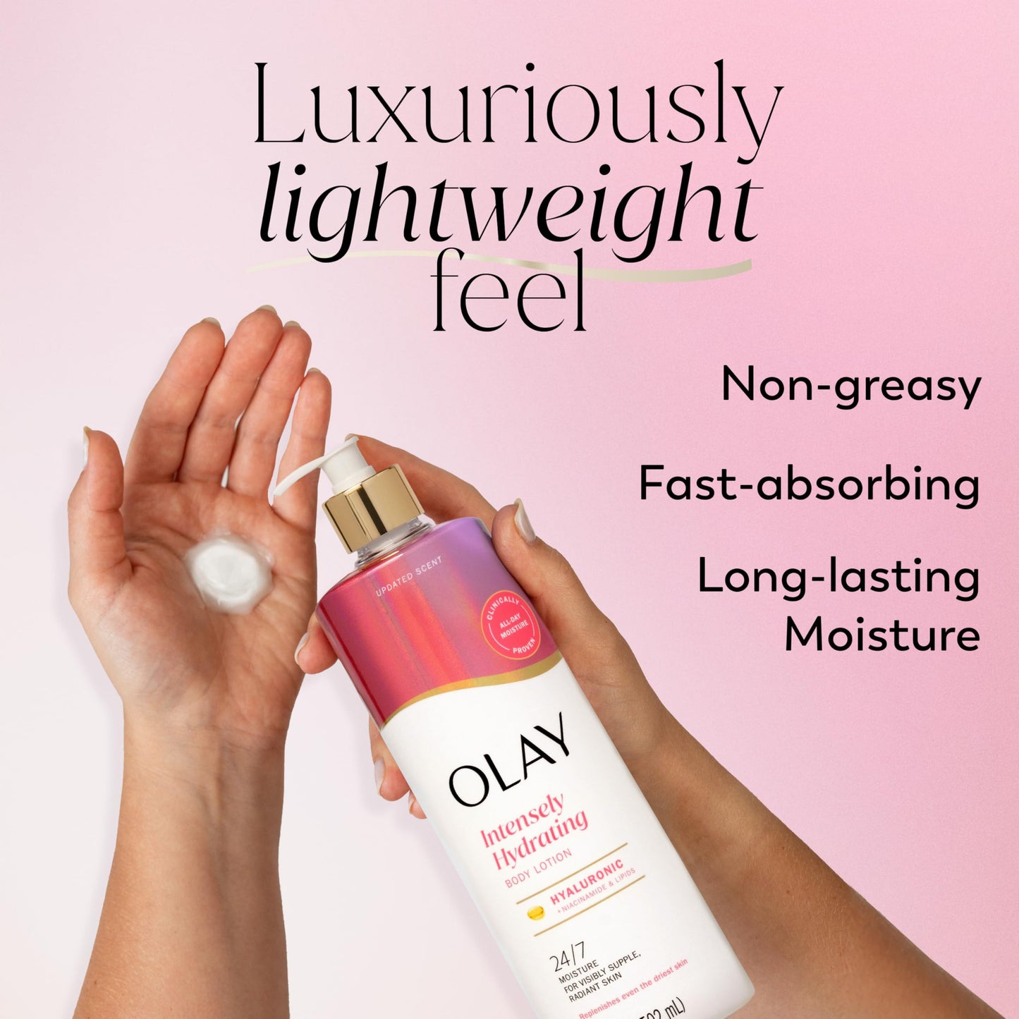 Olay Body Lotion for Women, Nourishing with Hyaluronic Acid Serum, Visibly Soften & Smooth Skin, 24hr Moisture & Hydration, Fast Absorbing Formula