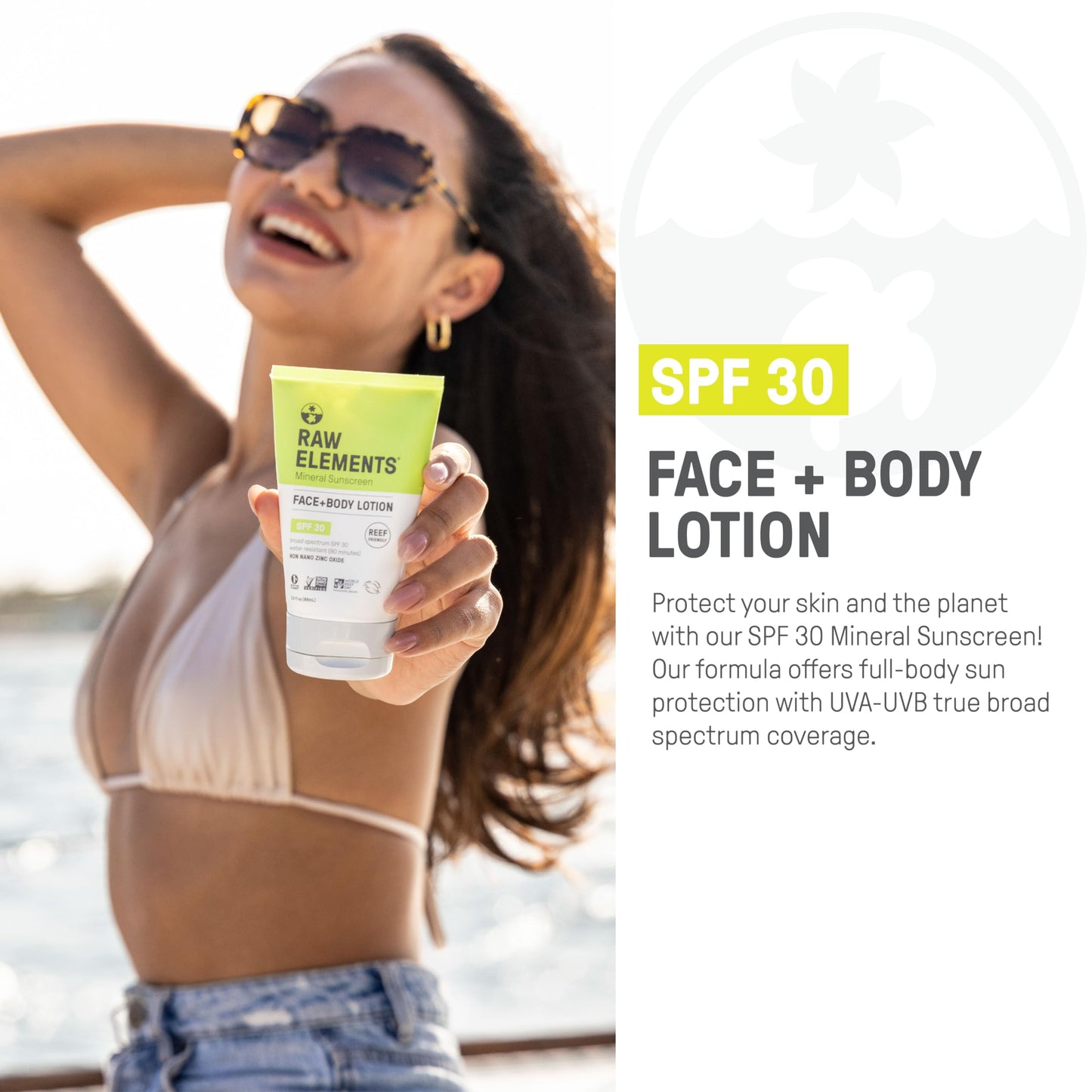 Raw Elements Face and Body Mineral Sunscreen SPF 30 Tube, Organic Sunblock Daily Protection, Non Toxic Reef Safe, Water Resistant, Cruelty Free, 3 oz