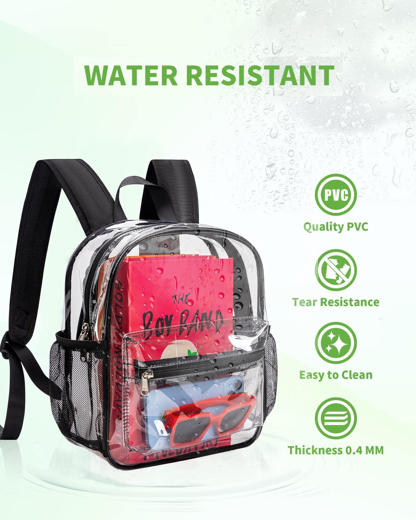 MAY TREE Clear Backpack for Stadium Events, 12x11x5 Inches Small Clear Backpack for Concert Festival Sports Outdoor - Black