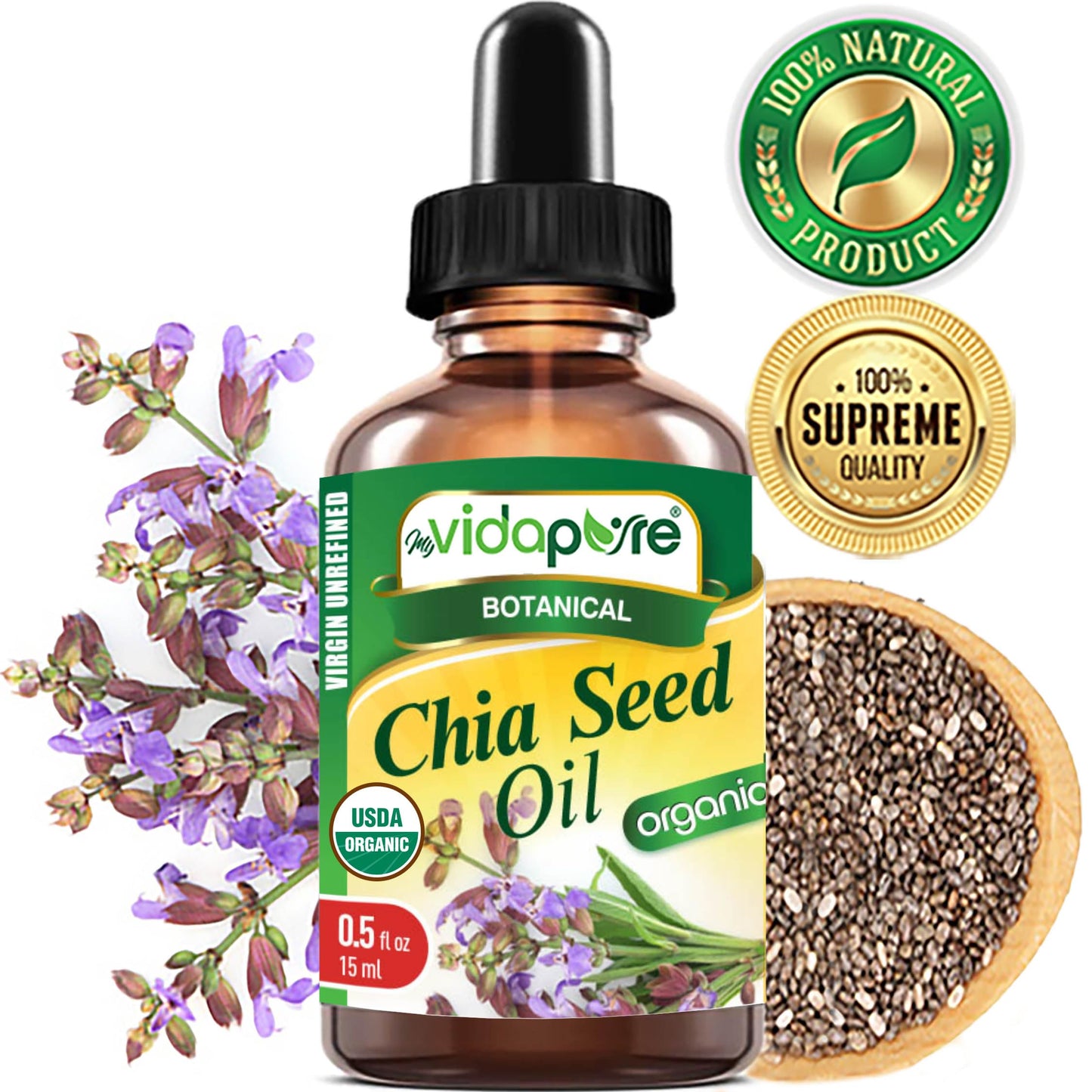 MYVIDAPURE Organic CHIA SEED OIL Certified Organic 100% Natural Pure VIRGIN UNREFINED Undiluted Cold Pressed Carrier Oil for Face Skin Body Hair Lip