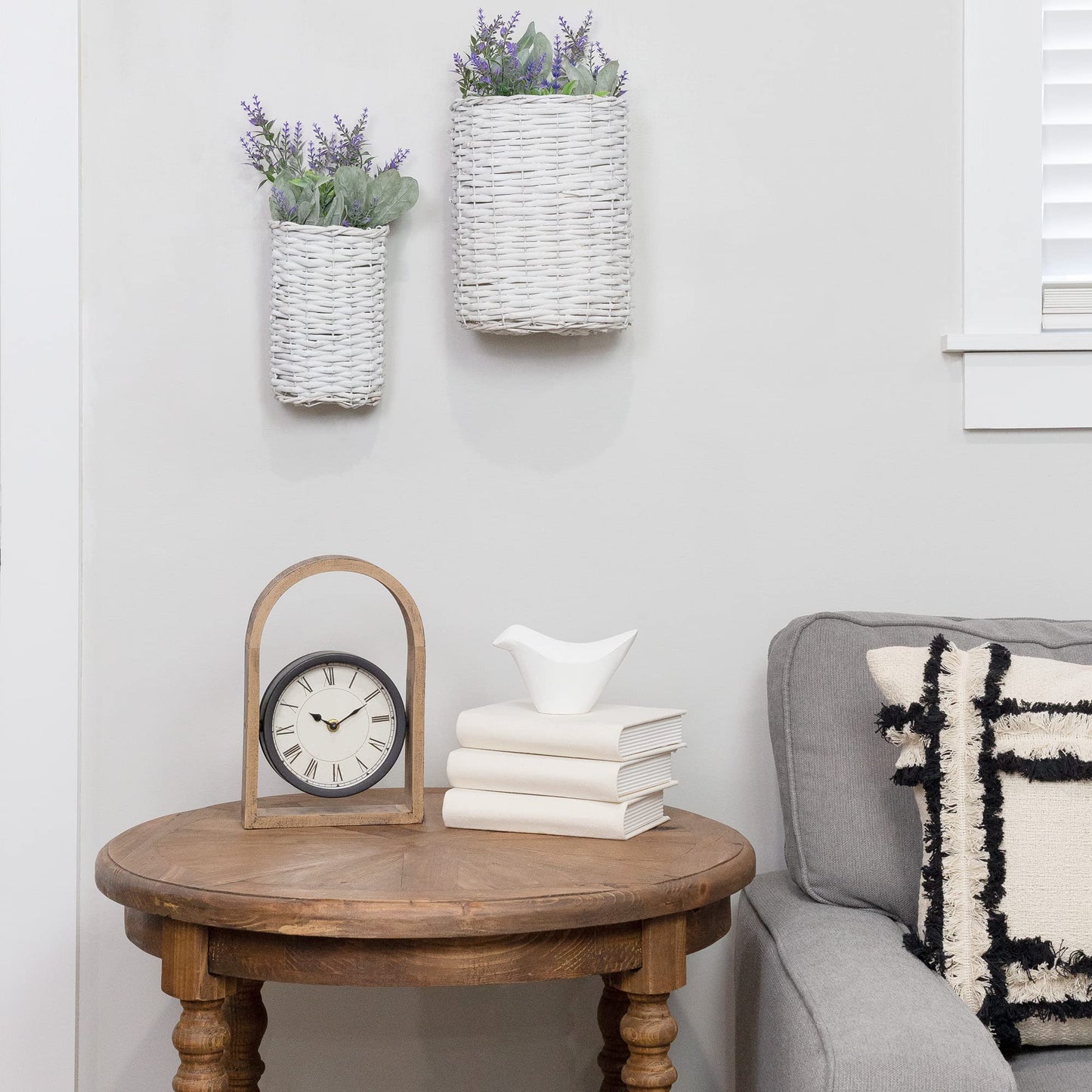 AuldHome Design Wall Hanging Baskets (White, Set of 2); Woven WIcker Rustic Farmhouse White Washed Door Baskets, Small and Medium Size