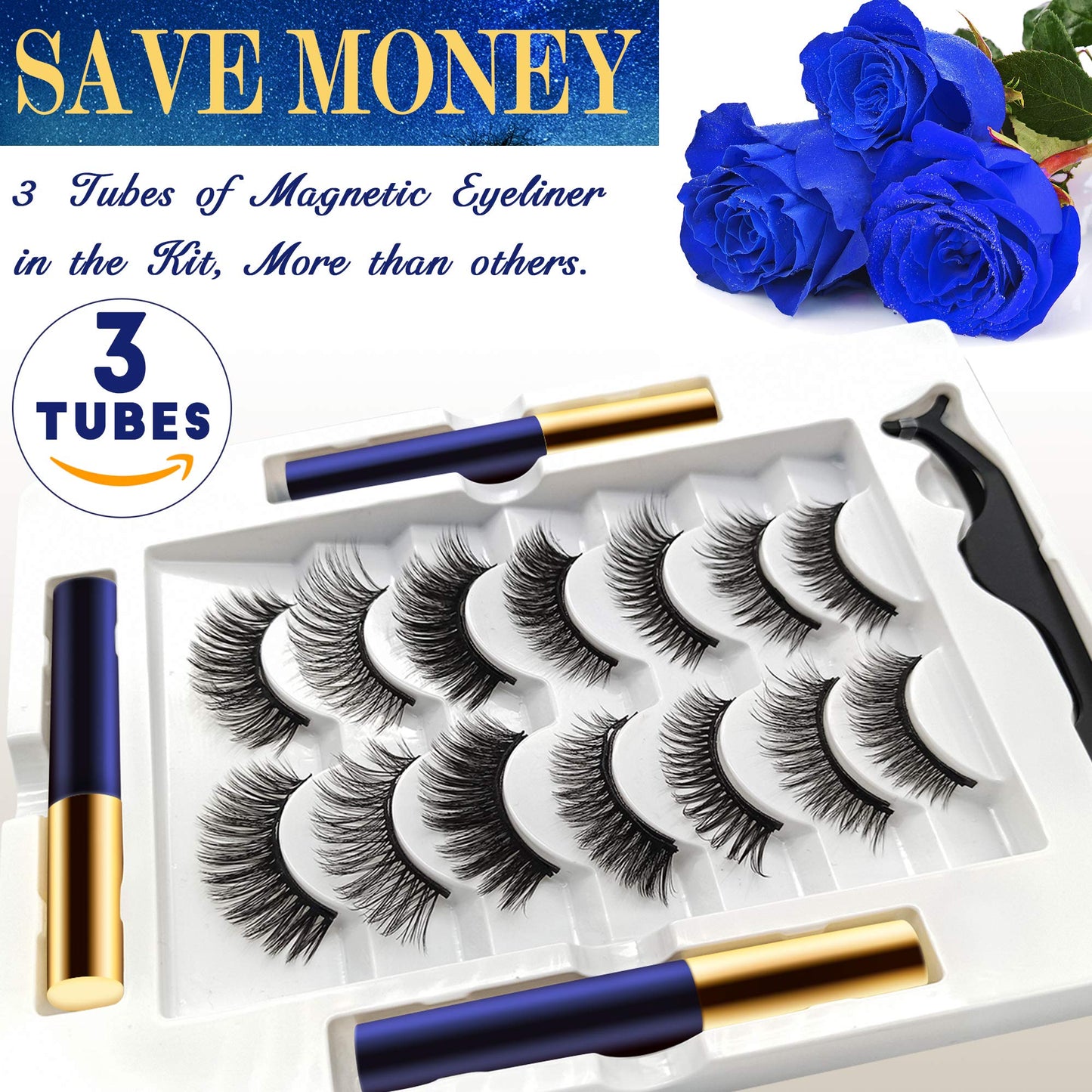 Magnetic Eyelashes with Eyeliner Kit - DUOERLA Magnetic Lashes with Eyeliner Natural Looking - 3 Tubes Magnetic Eyeliner and Lashes Kit, 7 Pairs 3D