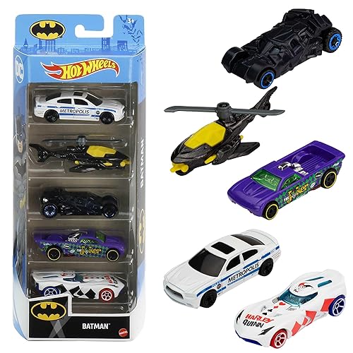 Hot Wheels Set of 5 Batman Toy Vehicles in 1:64 Scale from Batman TV Shows, Movies & Comics (Styles May Vary)