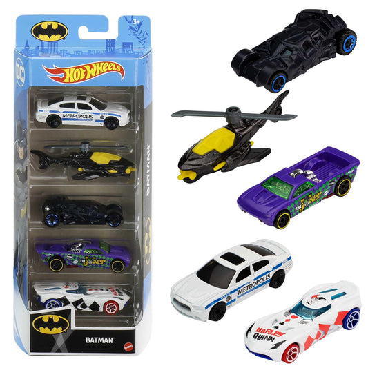 Hot Wheels Set of 5 Batman Toy Vehicles in 1:64 Scale from Batman TV Shows, Movies & Comics (Styles May Vary)