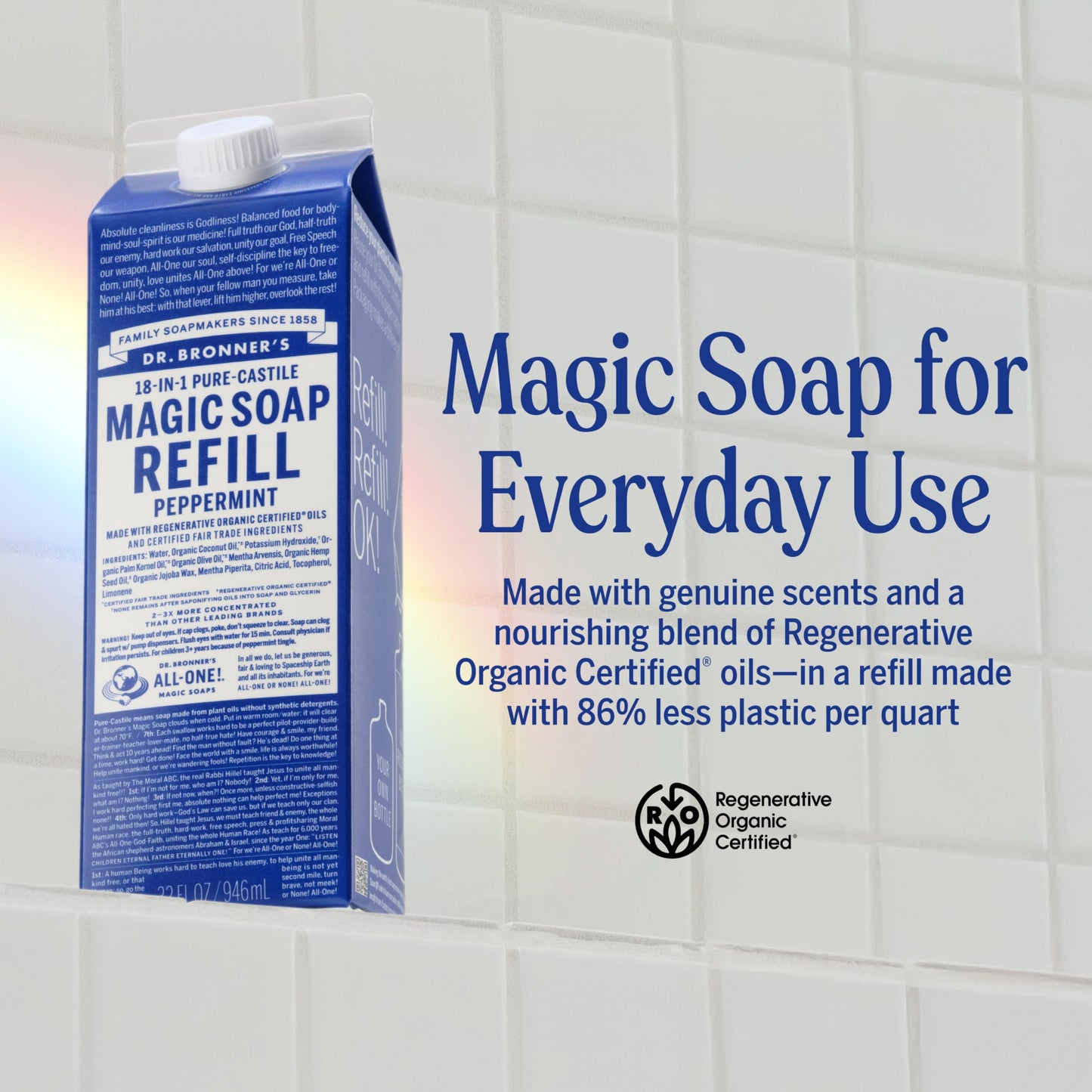 Dr. Bronner's Pure-Castile Liquid Magic Soap Refill - Made with Regenerative Organic Certified Oils, 86% Less Plastic - 18-in-1 Uses for Face, Body