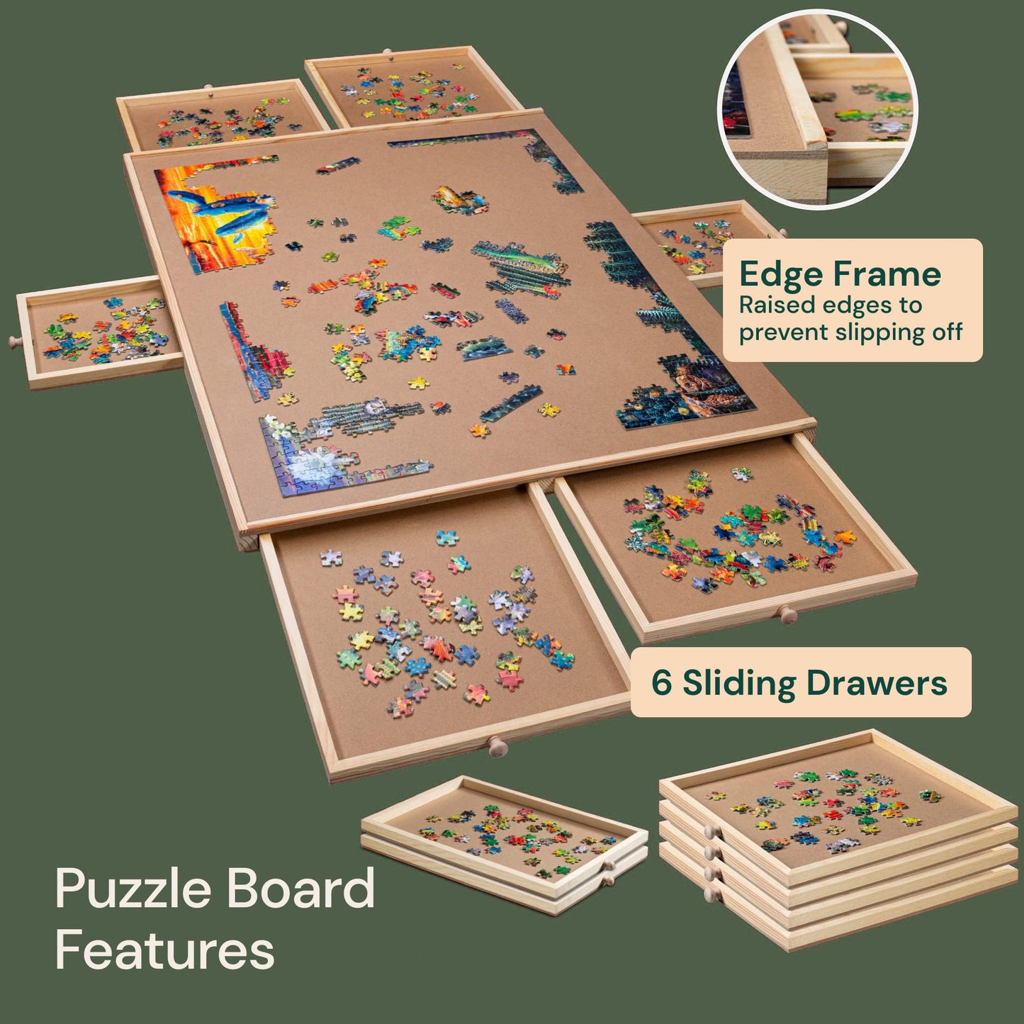 PlayVibe 1500-Piece Puzzle Board with Drawers & Cover – Portable Jigsaw Table with Trays, Accessories & Raised Edges to Prevent Slipping