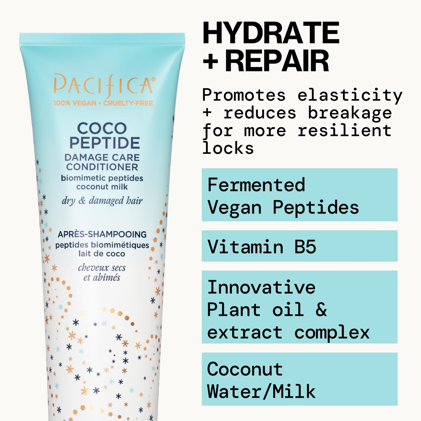 Pacifica Coco Peptide Damage Care Shampoo & Conditioner Set - Repairing Hair Care for Dry Damaged Hair Vegan Collagen & Peptides for Split Ends