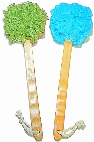 Shower Loofah Body & Back Scrubber - Exfoliating luffa loofa Bath Brush On a Stick - with Long Wooden Handle Back Brush for Men & Women - Easy Reach