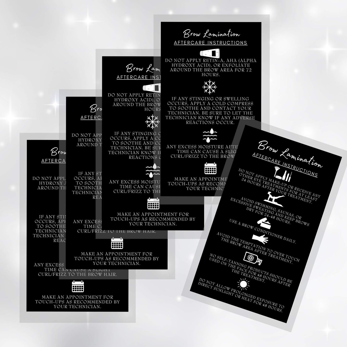 Brow Lamination Aftercare Instruction Cards | 50 Pack | 2x3.5” inches Business Card Size | Starter Lift Kit At Home DIY Brow Lift and Tint | Snatched