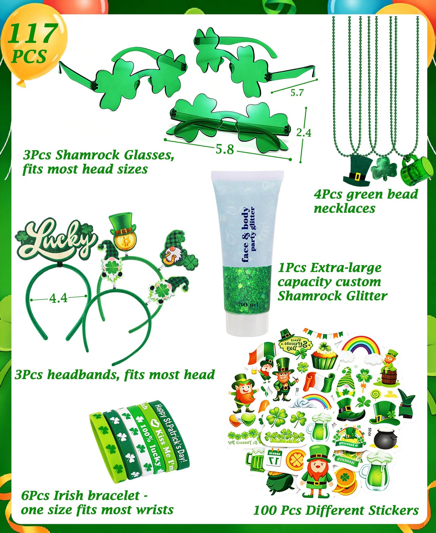Qaeshi 117 Pcs St Patricks Day All-in-One Accessories Kit, Skin-Friendly Custom Shamrock Green Glitter Gel Irish Party Favors Supplies Shamrock
