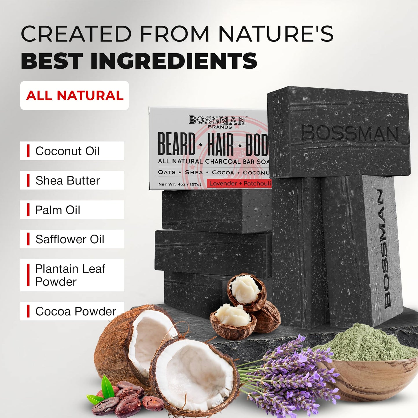 Bossman 6-Pack 4-in-1 Bar Soap for Men – All Natural Organic Beard Wash, Shampoo, Body Wash, Shaving Soap – Lavender & Patchouli Scent