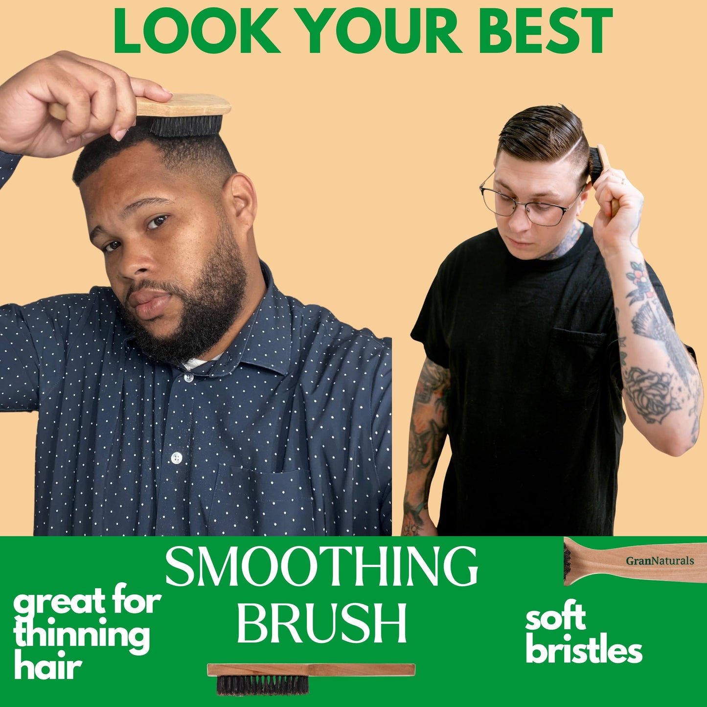 GranNaturals Soft Mens Boar Bristle Hair Brush - Natural Wooden Club Style Wave Hair Brush for Men - Styling Beard Hairbrush for Fine, Thin or Thick