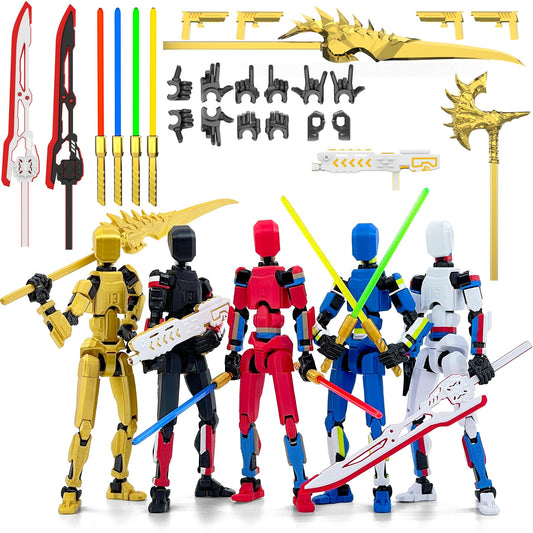 Falandi 5-Pack T13 Action Figures – Pre-Assembled Multi-Colored Titan 13 Set with Laser Sabers, 3D Printed Lucky Robo Dummy & Nova Figures