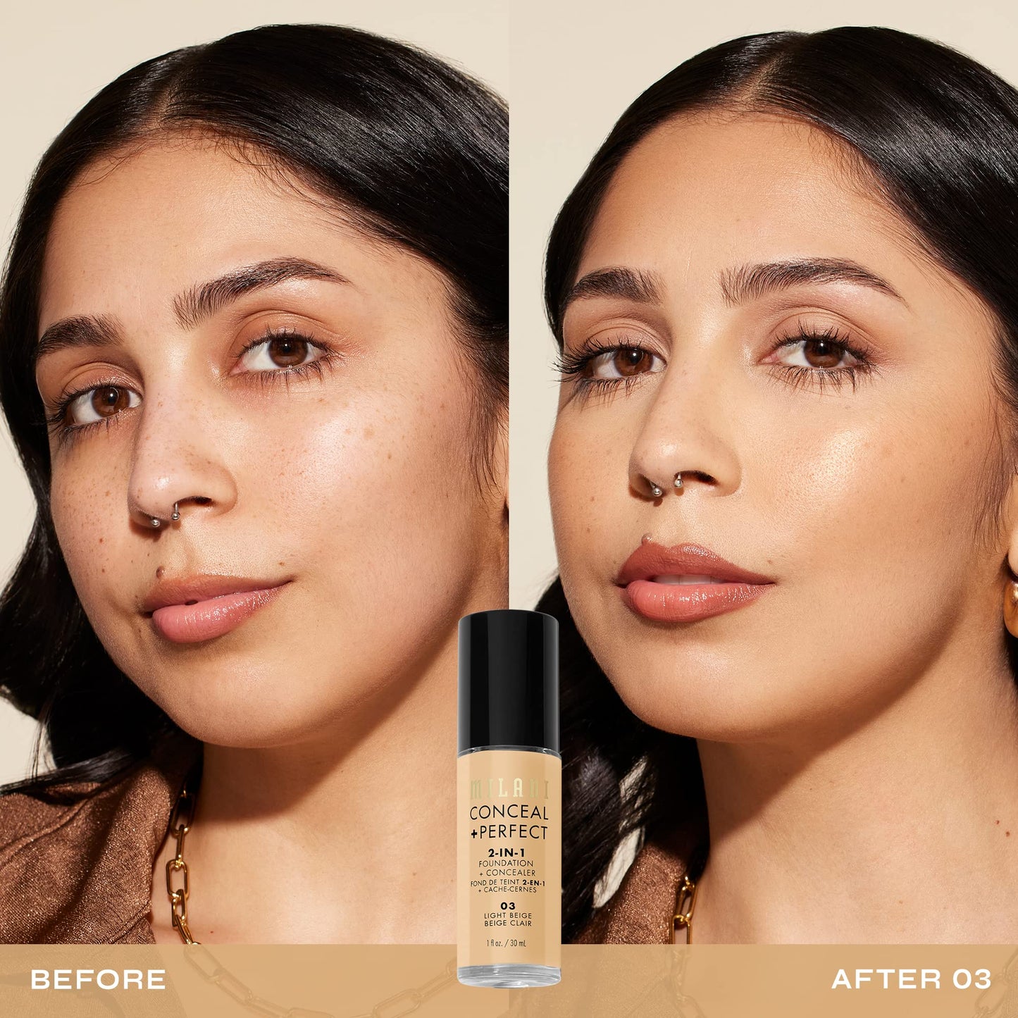 Milani Conceal + Perfect Liquid Foundation - Light Beige, 1 Fl. Oz. Cruelty-Free, Water-Resistant, Oil-Free, Medium-To-Full Coverage, Satin Matte