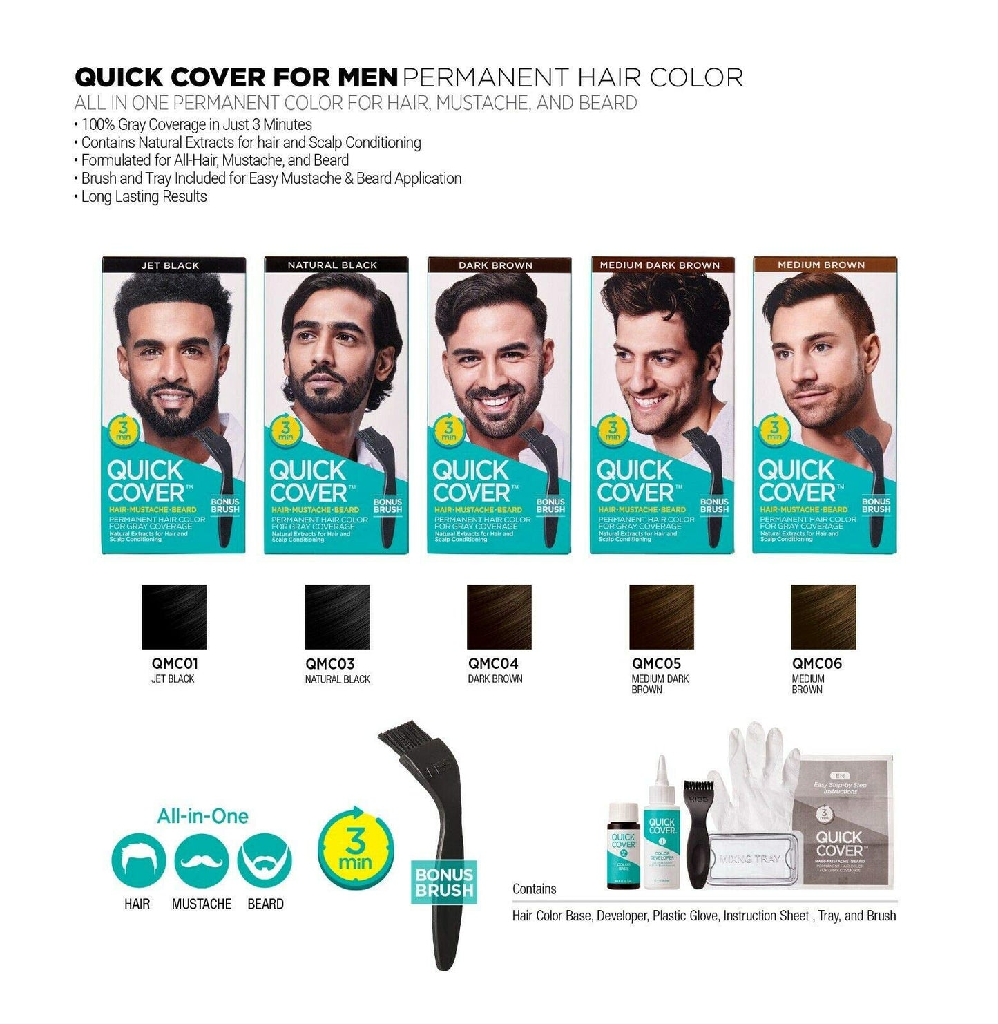 KISS Quick Cover for Men Permanent Hair Color Mustache Beard QMC (Natural Black)