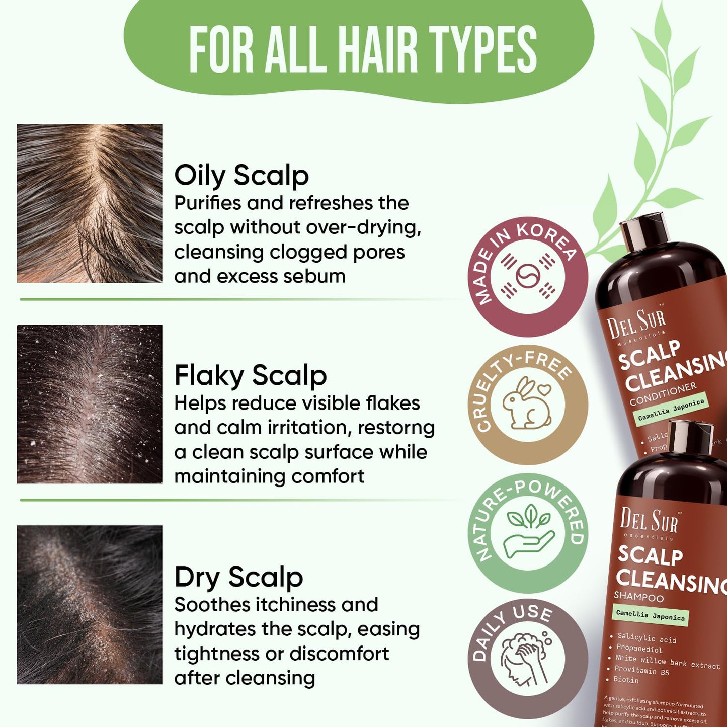 DEL SUR Scalp Cleansing Shampoo and Conditioner Set | 16 fl oz Each | with Camellia Japonica, Salicylic Acid & Willow Bark | Clarifying Oil Control