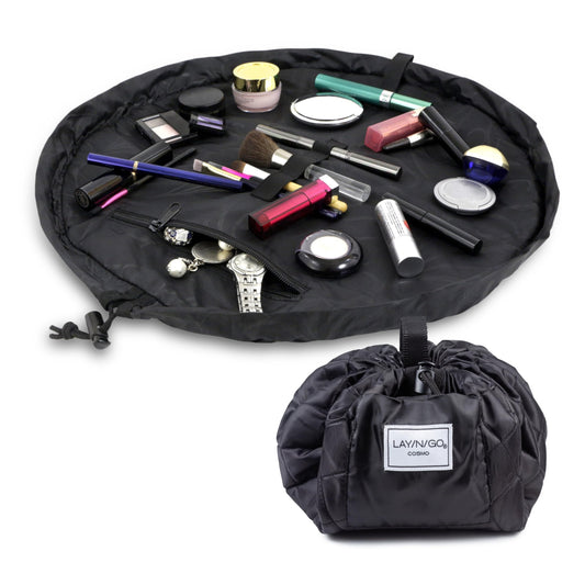 Lay-n-Go Cosmo 20" Drawstring Makeup Bag – Portable Cosmetic Organizer with Zipper Pocket & Loops, Washable Travel Toiletry Bag (Black)