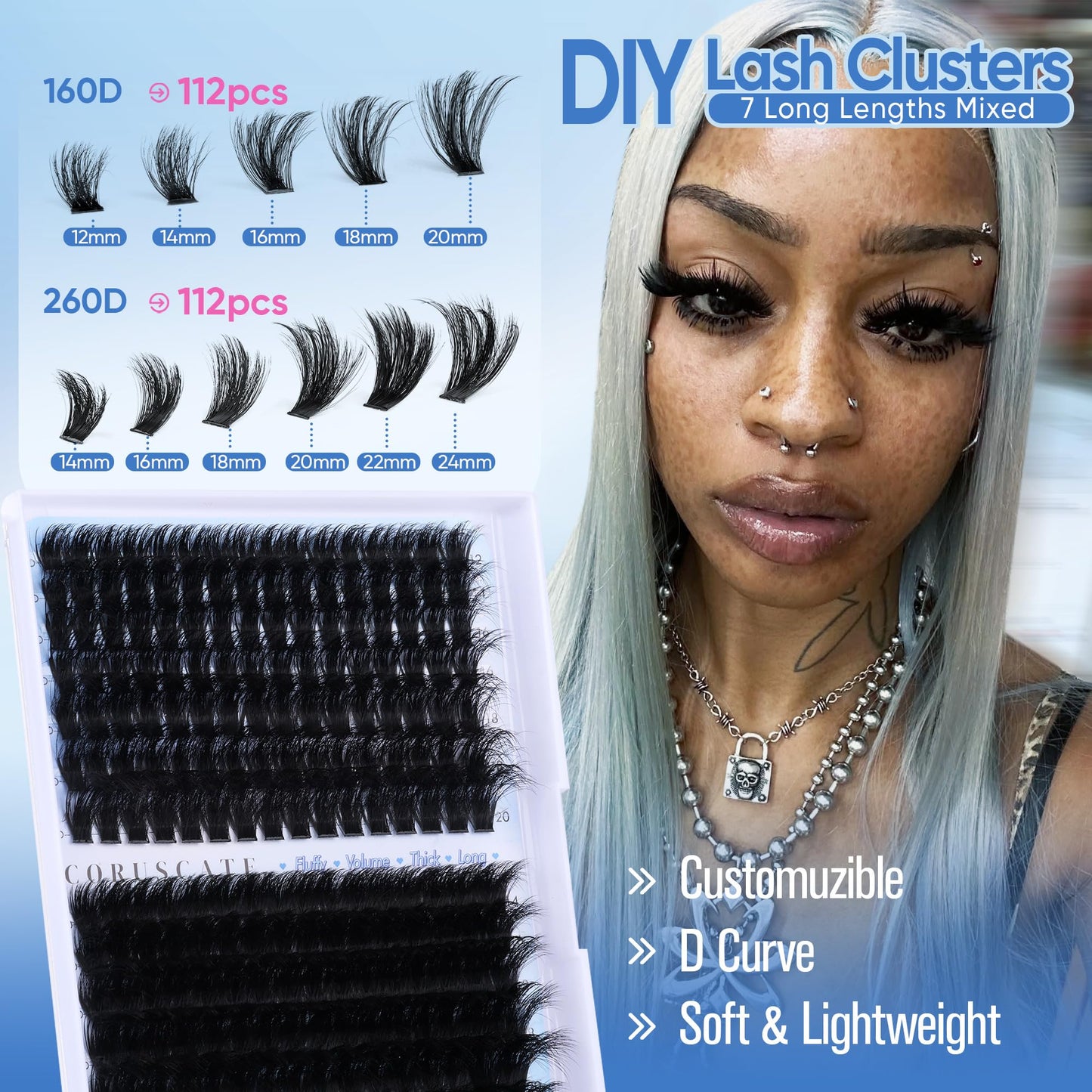 CORUSCATE Lash Clusters 160D+260D Eyelash Clusters 12-24mm Long Lash Extension Thick Cluster Eyelash Extensions Volume Strip Mink Lashes Cluster Beauty and Personal Care CORUSCATE