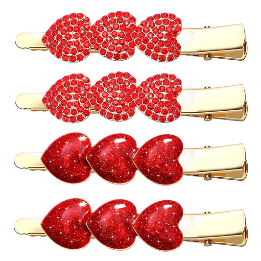 4PCS Valentine's Day Hair Clips for Women Rhinestone Heart Hairpins Glitter Heart Barrettes Enamel Hair Accessory Valentine's Day Gifts for Women