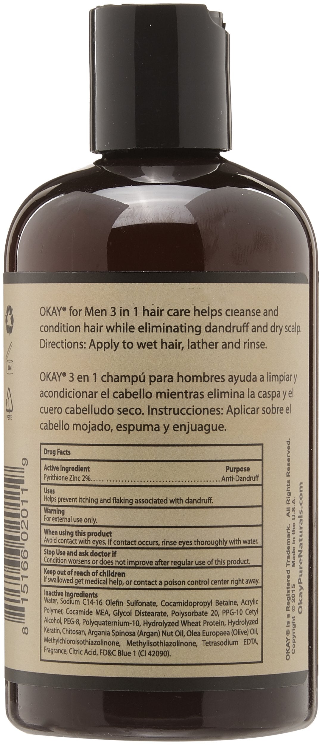 Okay 3 In 1 Men Shampoo Conditioner Treatment, natural scent 8 Ounce