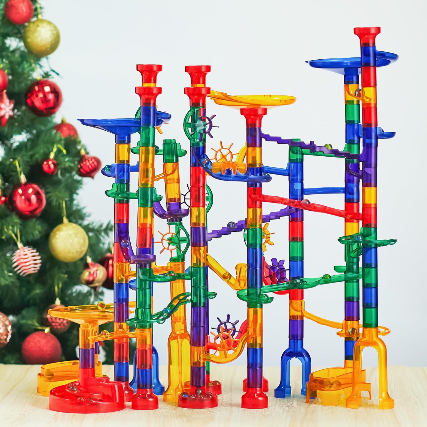 JOYIN 207pcs Glowing Marble Run – STEM Building Blocks Toy with 5 Glow-in-the-Dark Glass Marbles, Educational Construction Set for Kids