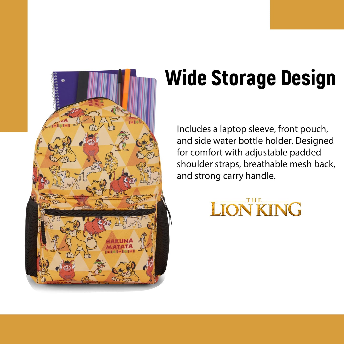 Disney The Lion King Kids Backpack - Hakuna Matata Adventure - Simba, Mufasa, Scar, Timon, and Pumbaa - Backpack for Boys, Girls, Toddlers, Kids, Adults