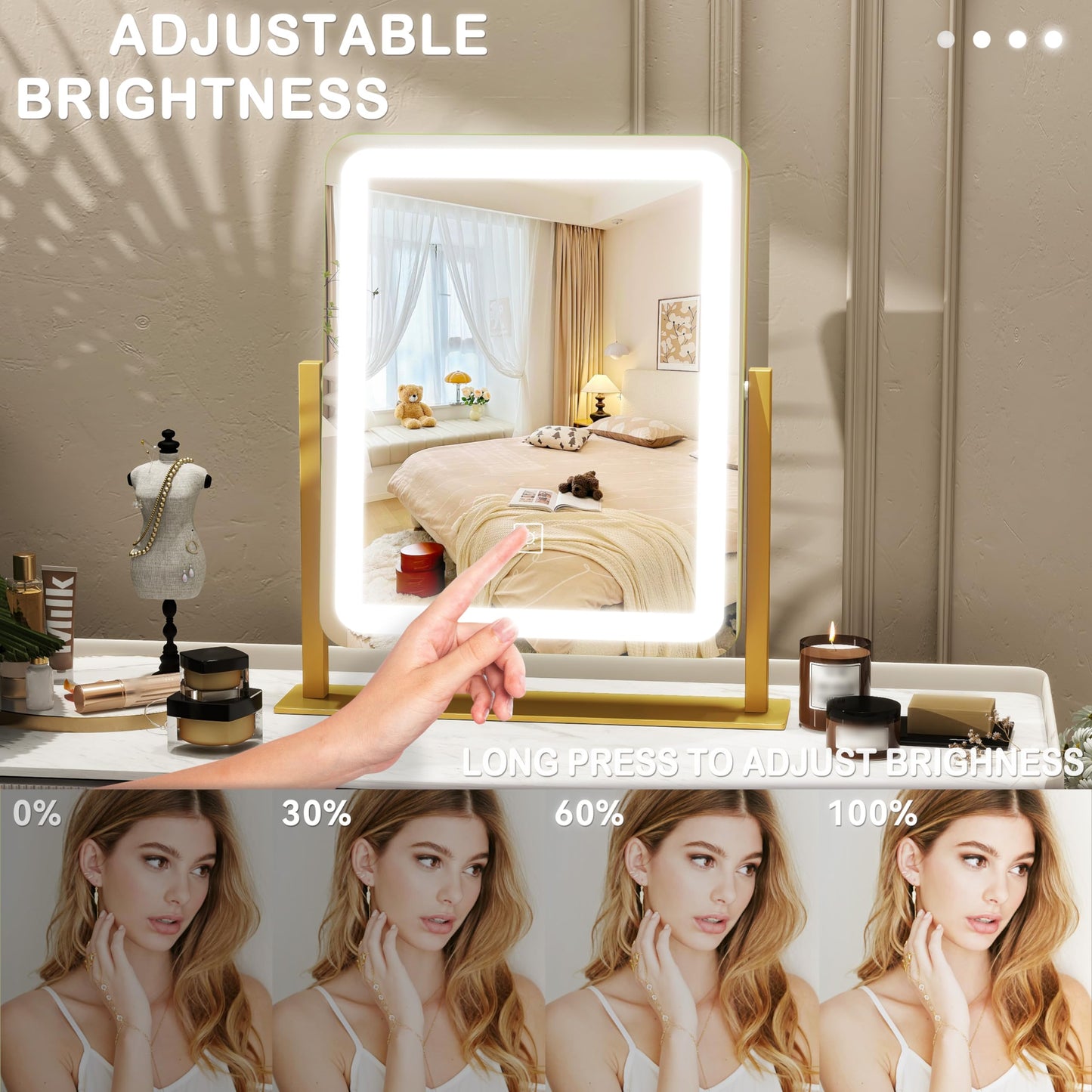 ROLOVE Vanity Mirror with Lights, 12.6"×15" LED Makeup Mirror, Lighted Makeup Mirror with Lights, Smart Touch Control Dimmable 3 Modes Light, Lighted Beauty and Personal Care ROLOVE