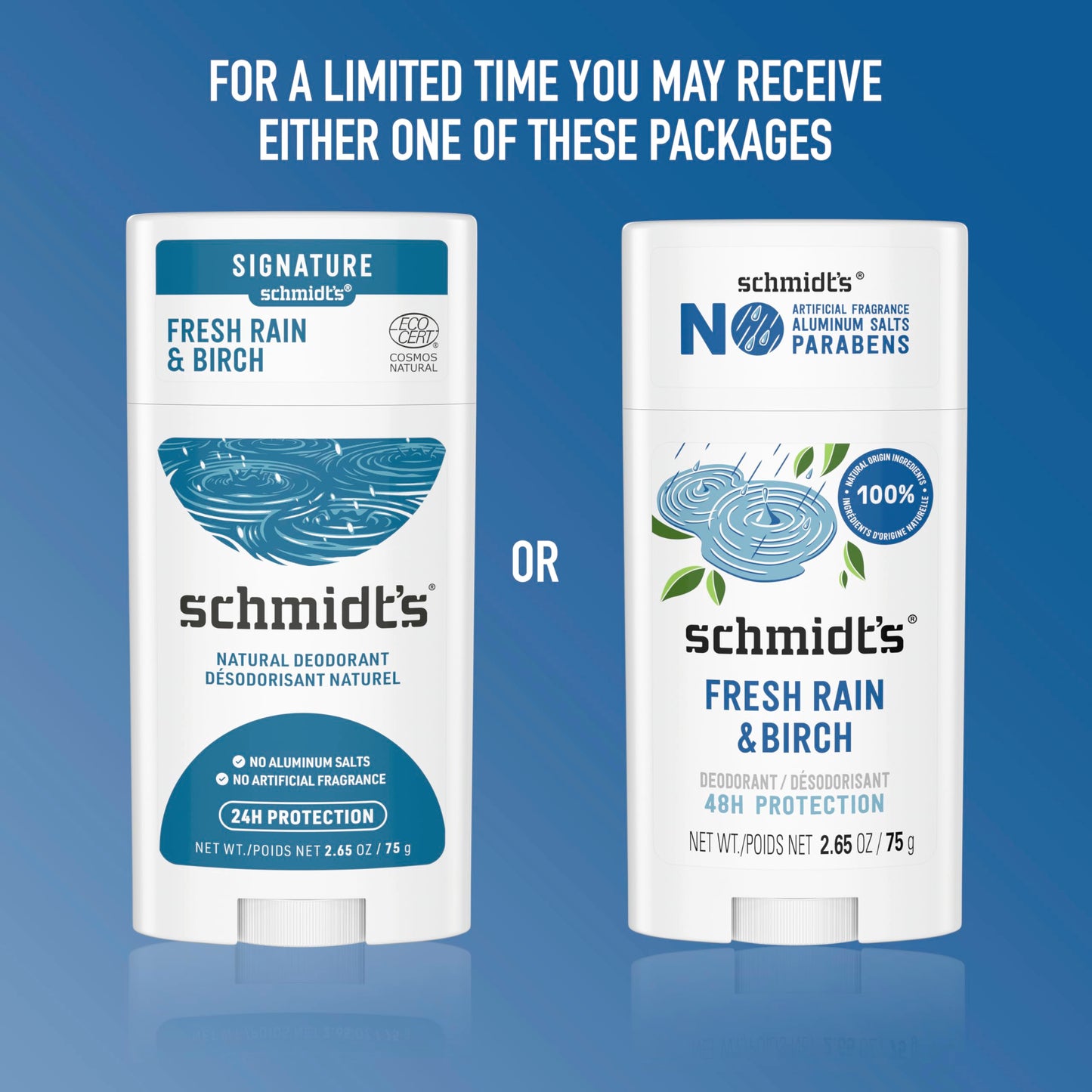 Schmidt's Aluminum-Free Vegan Deodorant Fresh Rain & Birch with 24 Hour Odor Protection, 2 Count for Women and Men, Natural Ingredients, Cruelty-Free Beauty and Personal Care Schmidt's