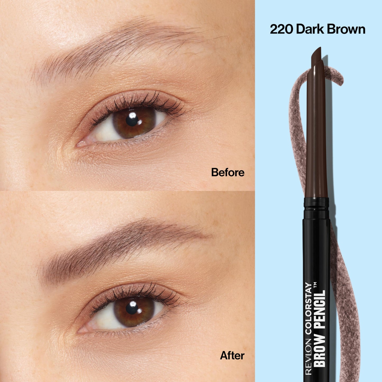 Revlon ColorStay Eyebrow Pencil with Spoolie Brush, Waterproof, Hair-Like Strokes for Natural Looking Brows, 220 Dark Brown, 0.021 oz