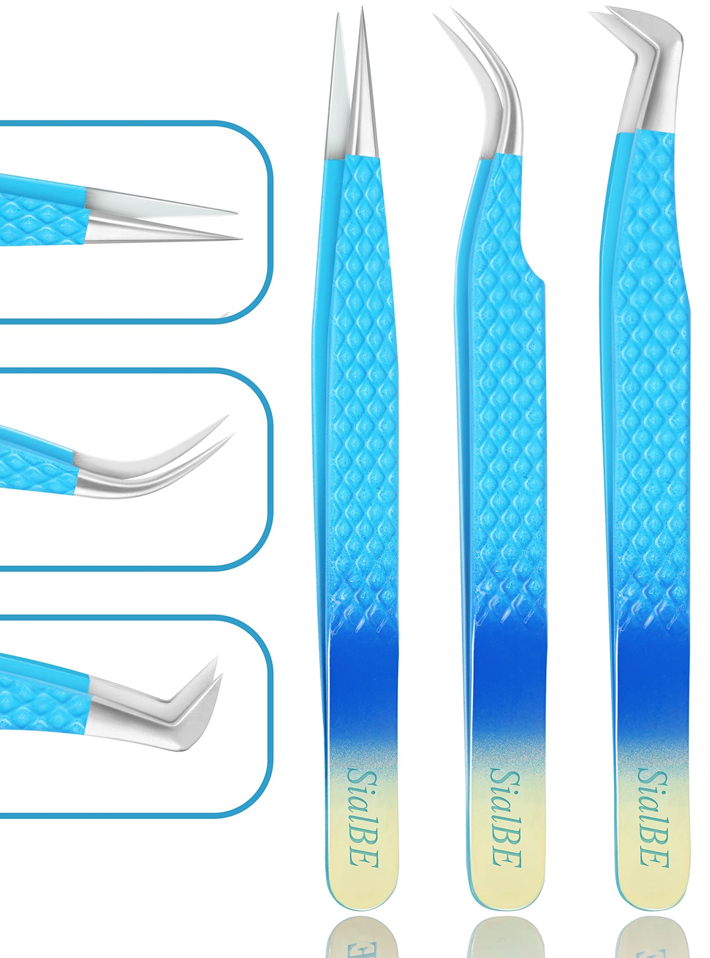 Eyelash Extension Tweezers-3 Pcs Diamond Grip Lash tweezers For Eyelash Extensions-SialBE Straight And Curved L-Shape Eyelash Tweezers, Tweezers
