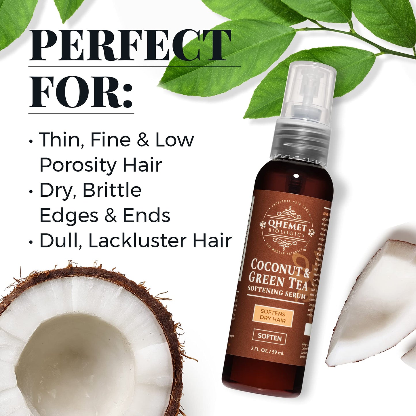 Qhemet Biologics Coconut & Green Tea Softening Serum - Lightweight Hair Serum to Soften, Smooth & Revitalize Dry Hair - Adds Slip and Shine to Thin