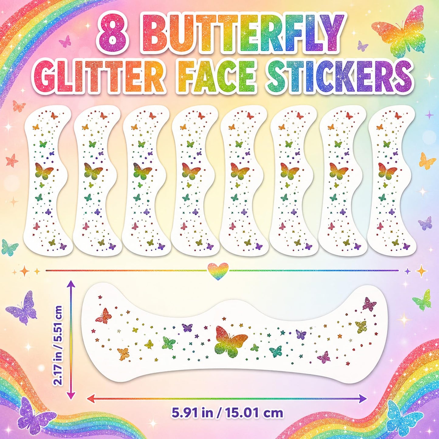 Artlunar 8Pcs LGBTQ Pride Face Freckles Tattoos, Rainbow Butterfly Temporary Tattoos with Silver Glitter Powder, Waterproof Face Sparkles for Pride