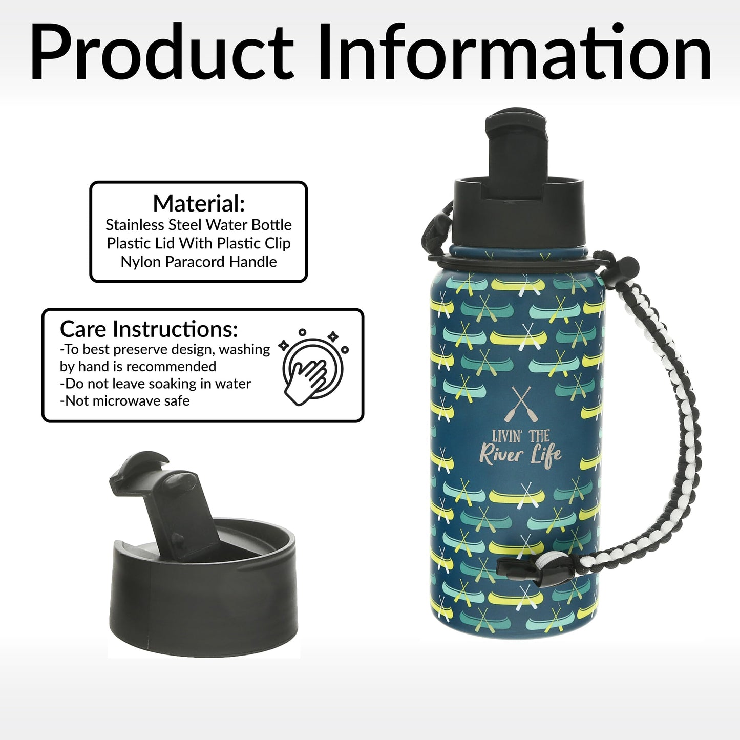 Pavilion Gift Company - Livin' The River Life - 32oz Stainless Steel Travel On The Go Water Bottle Coffee Thermal With Survival Rope Handle - Cabin