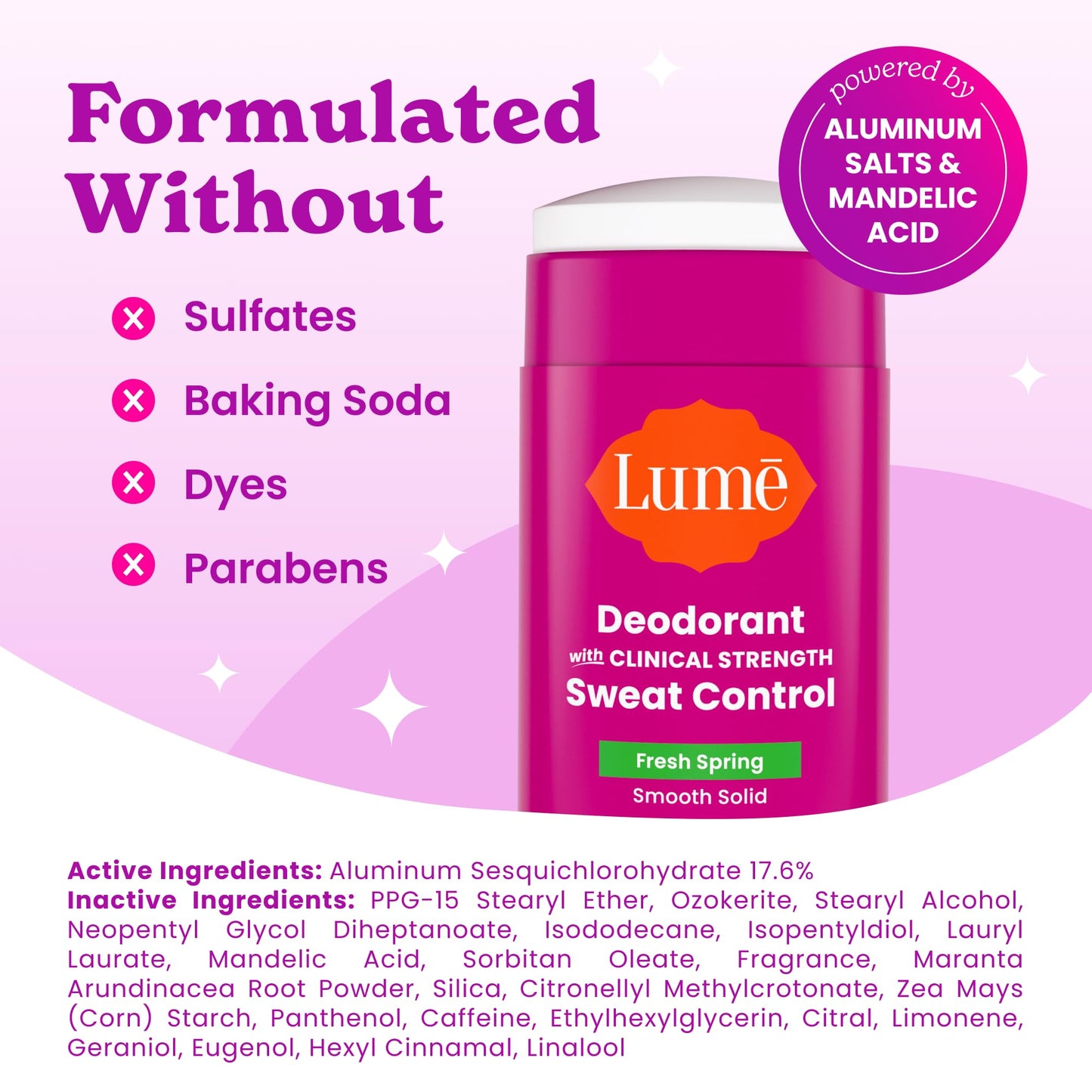Lume Deodorant Plus Sweat Control - Smooth Solid Stick - Maximum Strength Antiperspirant - 72 Hour Odor And Sweat Control - Baking Soda Free, Skin Beauty and Personal Care Lume