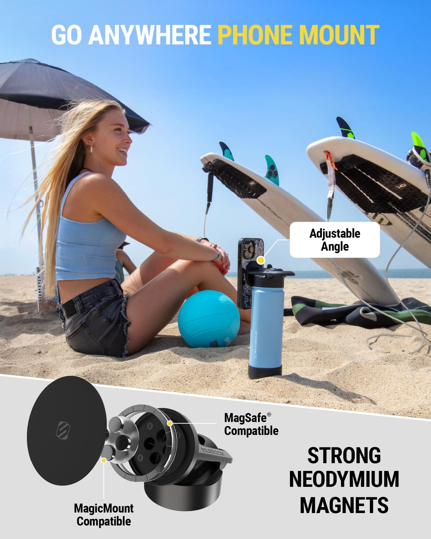 Scosche MFMS22 MagicMount Flask 22 oz Stainless Steel Water Bottle with MagSafe Phone Mount Stand, 12H Hot & 24H Cold Insulated Flask with Magnetic