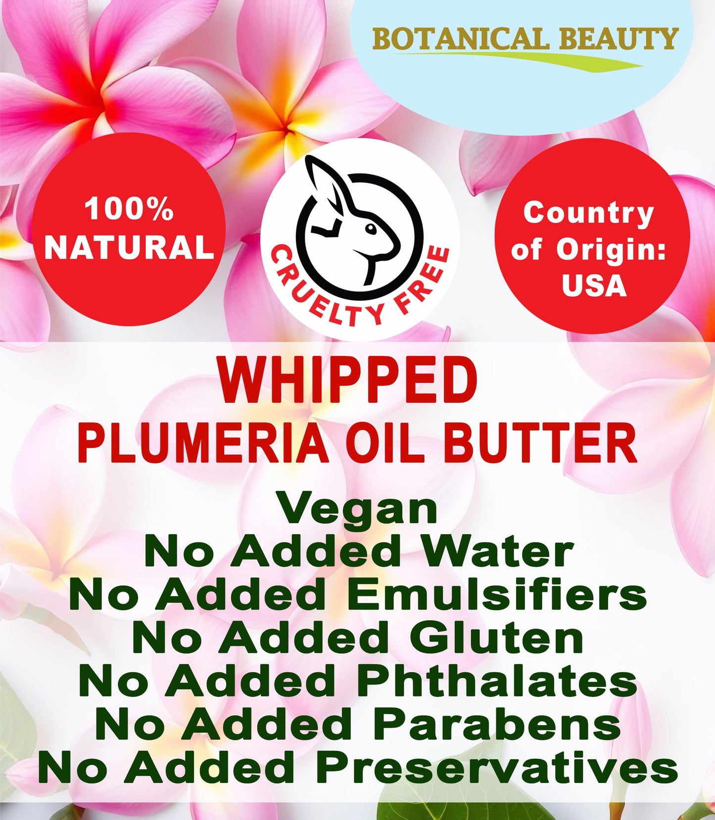 Botanical Beauty Whipped PLUMERIA OIL BUTTER 100% Natural Pure RAW. Cocoa Butter, Shea Nut Butter, Plumeria Oil Virgin Unrefined Cold Pressed