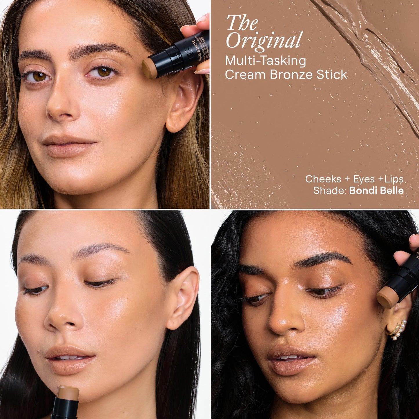 Nudestix Nudies Bronze All Over Matte Bronzing Stick - 3-in-1 Cream Bronzer for Cheeks, Eyes & Lips with Built-In Brush | Natural Contour & Sun-Kissed